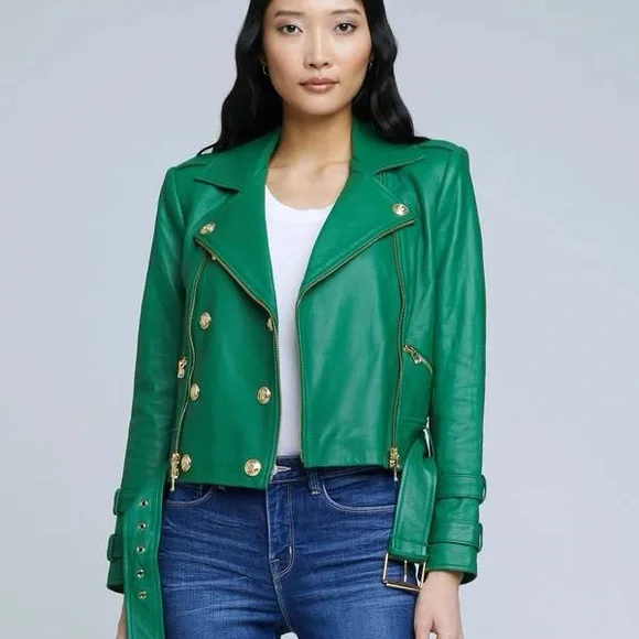 L'AGENCE Green Leather Double-Breasted Billie Moto Jacket - XS - NWT - Picture 3 of 3